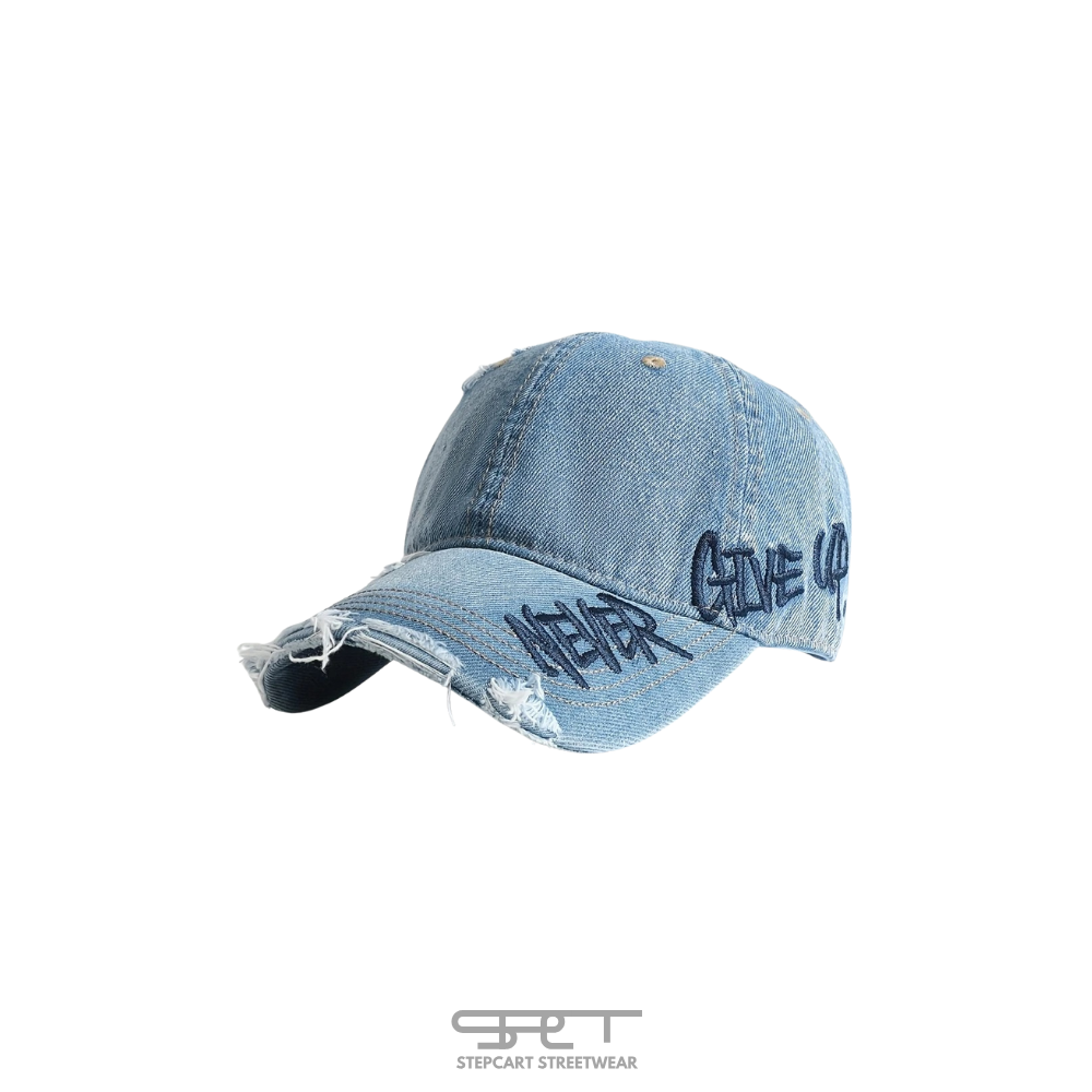 Never Give Up – Distressed Denim Cap