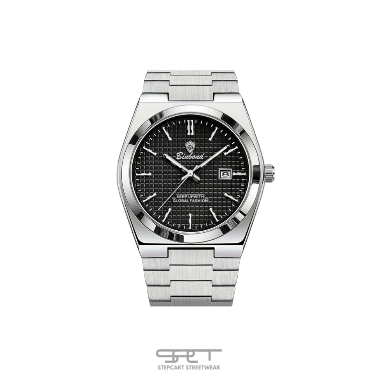 Binbond Edelstahl-Uhr mit Karomuster