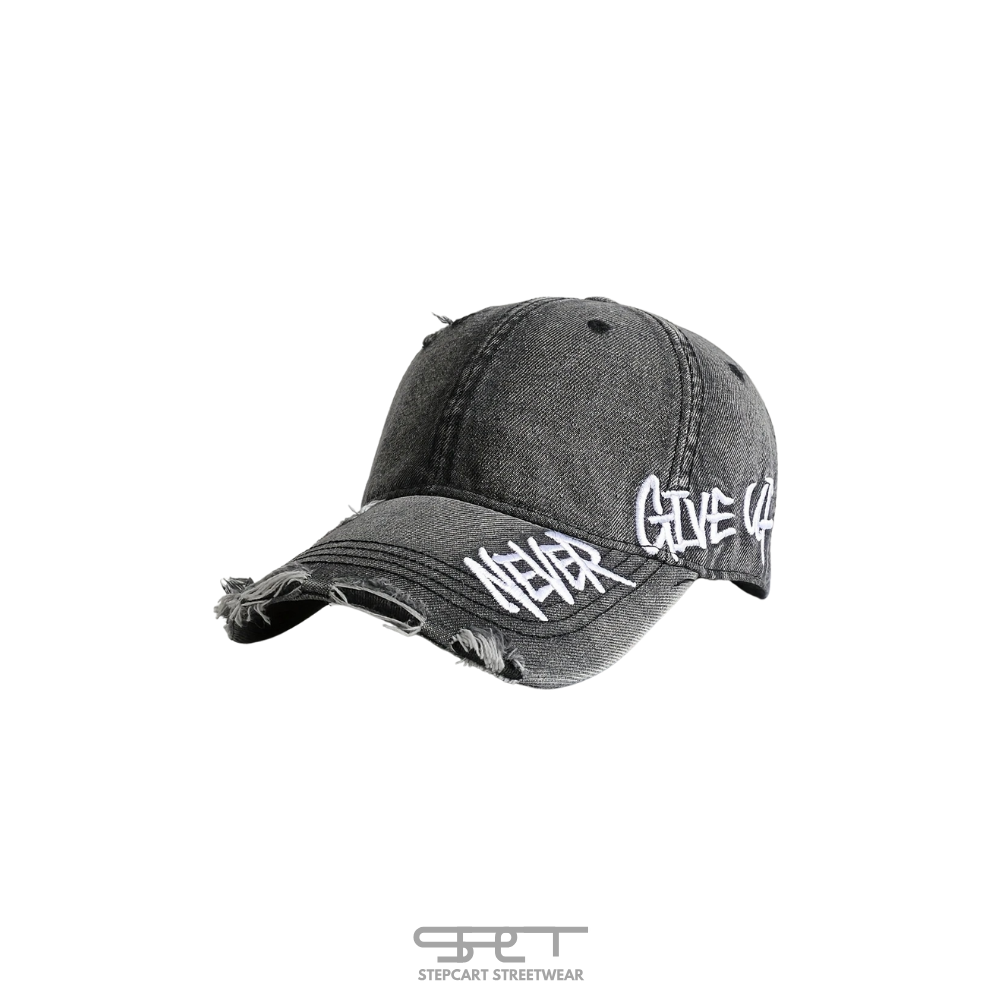 Never Give Up – Distressed Denim Cap