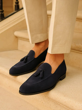 Luxuriöse Wildleder-Loafer mit Quaste – Navyblau