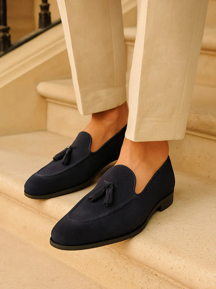 Luxuriöse Wildleder-Loafer mit Quaste – Navyblau